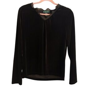Lauren Ralph Lauren Black Velvet V-Neck Blouse with Chiffon Trim – Size Large